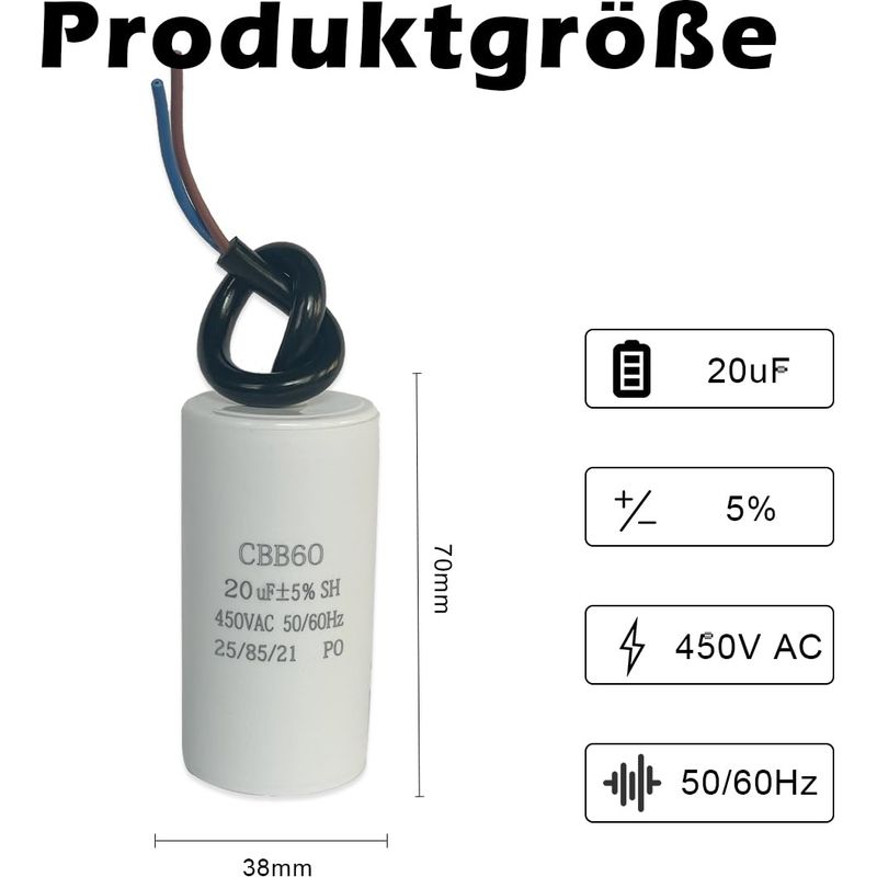 Cbb60 450v 20µf 50/60hz Anlaufkondensator, Motorbetriebskondensator, Motorkondensator, Entstörkondensator