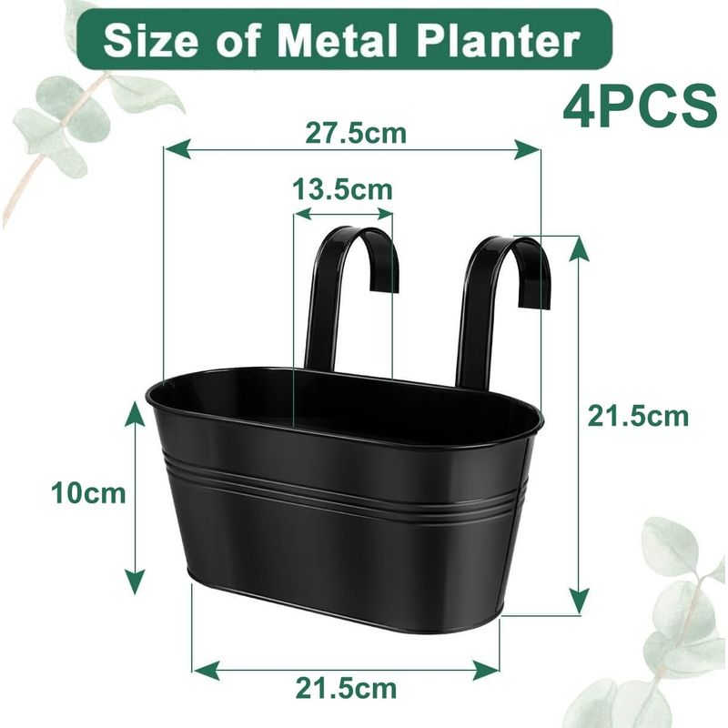 Set Mit 4 Hängenden Metallblumentöpfen, 27,5 Cm, Mit Abnehmbarem Haken, Ideal Für Balkon, Zaun, Garten Und Als Dekoration Für Zuhause (schwarz)