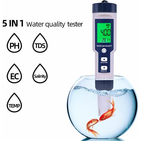 Green Mobility 5-in-1 Wasserqualitätstester, Wasserqualitätsanalysator, Ph-/tds-/ec-/temperatur-/salzgehaltsdetektor, Hintergrundbeleuchtetes Display, Ip67 Wasserdicht