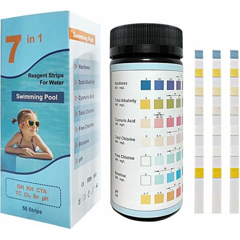 Green Mobility-7 En 1 Bandelettes Test Piscine, 50 Testeur Ph Chlore Piscine Pour Tester Avec Précision La Dureté, L'Alcalinité Totale,pour Aquarium, Piscine, Puits Et Eau Du Robinet