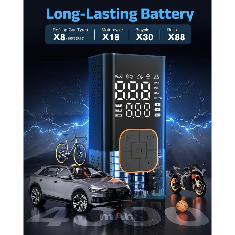 Kabelloser Reifenfüller, Tragbarer Luftkompressor Mit Digitalem Manometer (150 Psi), Doppelanzeige, Wiederaufladbarem Akku, Led-licht, Pumpe Für Auto, Motorrad, Fahrrad Und Bälle.