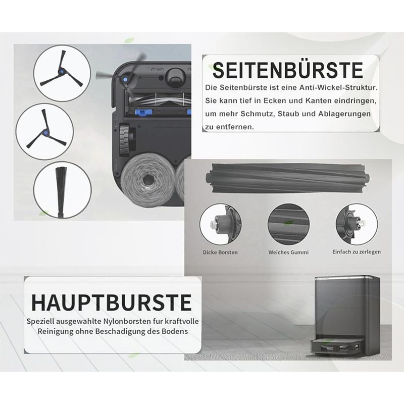 Ecovacs Deebot X2/ X2 Omni/ X2 Pro/ Dex86 Staubsaugerzubehör: 1 Hauptbürste, 4 Reinigungstücher, 4 Filter, 6 Seitenbürsten, 6 Ersatz-staubsaugerbeutel.