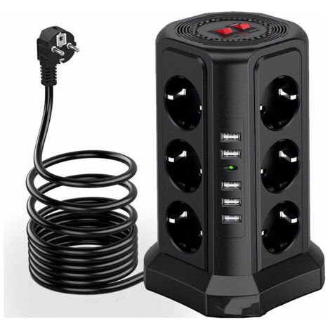 Überspannungsgeschützter Steckdosenturm, 5 Usb-anschlüsse Und 12 Steckdosen, Mit 3 Schaltern, Schwarz-inhhub