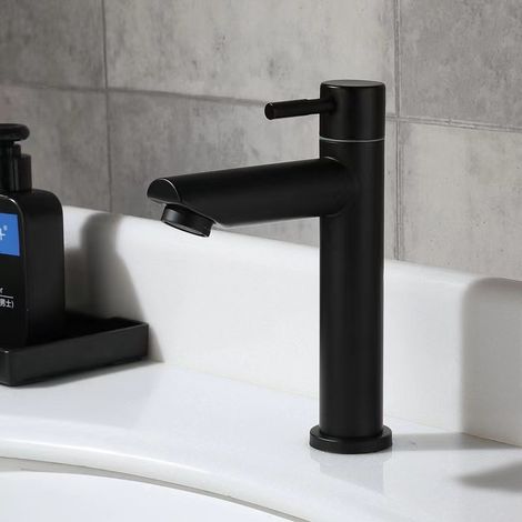 Einzelner Kaltwasserhahn, Edelstahl, Schwarz, Aufsatzmontage, Länglicher Waschbecken-/spülbeckenhahn (gerader Auslauf - Schwarz).
