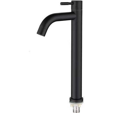 Einzelner Kaltwasserhahn, Edelstahl, Schwarz, Aufsatzmontage, Wasserhahn Für Erhöhtes Waschbecken (gebogener Auslauf - Schwarz).