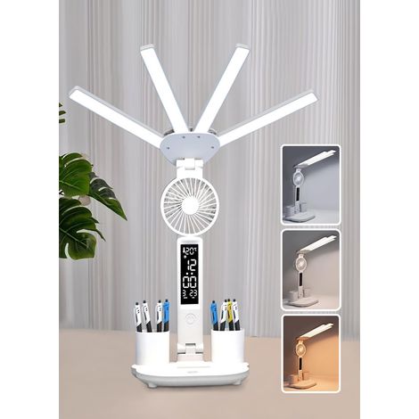Led-schreibtischlampe Mit Ventilator, Uhr, Verstellbarer Klappfunktion, Stifthalter, 3 Helligkeitsstufen Und Usb-ladeanschluss