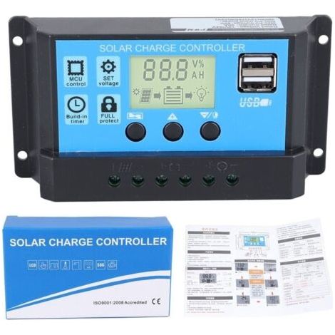 Bunthaus 30a 12v/24v Contrôleur De Charge Régulateur Panneau Solaire De Batterie Intelligent Pwm Avec 5v Double Port Usb Lcd Affichage Pour Les Batteries Plomb-acide