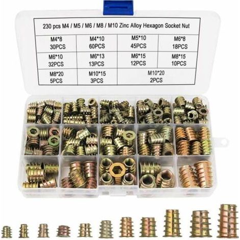 Bunthaus Écrous Hexagonaux M4 M5 M6 M8 M10 Avec Inserts Filetés, Alliage De Zinc Insert Fileté Hexagonale Écrous Inserts,irisfr(230pcs)