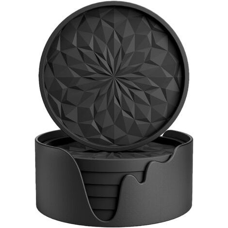 Bunthaus Dessous De Verre En Silicone Avec Support Pour Boissons Chaudes Ou Froides, Épais Et Antidérapants, Avec Plateau Profond Antidérapant, Noir, Lot De 6