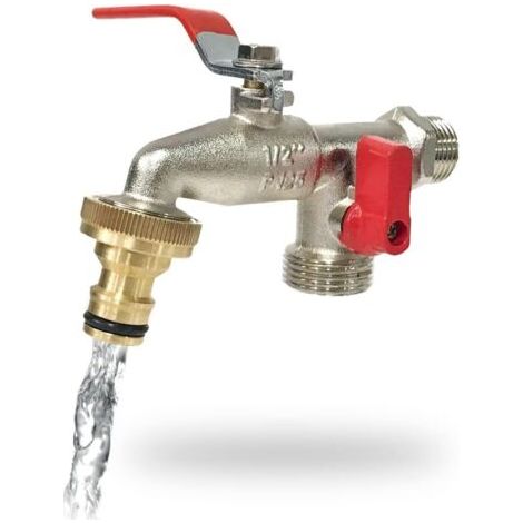 Bunthaus Robinet De Jardin Premium À Double Sortie 1/2" - 3/4"" Pinceau, Laiton, Argent