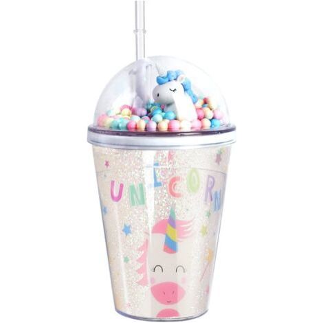 Bunthaus Gobelet Avec Paille Et Couvercle, 380ml Bouteille D'Eau Pour Enfants Filles R茅utilisable Licorne Mignonne Double Paroi Sans Bpa Tasse En Plastique Pour Anniversaire, Cadeau De No毛l (bianco)