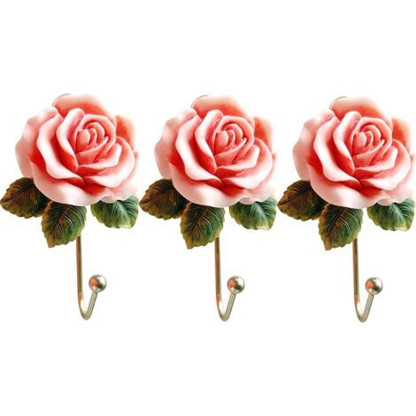 Bunthaus 3 Pcs Rose Résine Mur Crochets Mur Monté Créatif Fleur Fer Crochet Pour Suspendre Manteau/chapeau/clé/serviette/sac À Main Crochets/cintres Chambre Décoration Murale