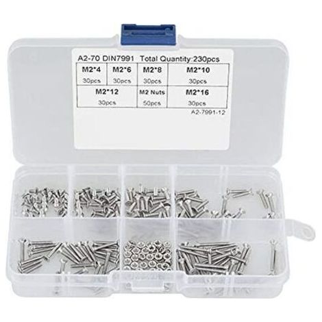 230 Pcs M2 304 Vis À Métaux, Vis Cylindriques Tête Plate Boulon En Acier Inoxydable Écrous Assortiment Kit