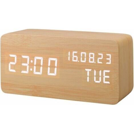 Bunthaus Réveil Led En Bois Artificiel,horloge Numérique Activation Sonore,avec Température/humidité/calendrier Luminosité Batterie/usb Prise