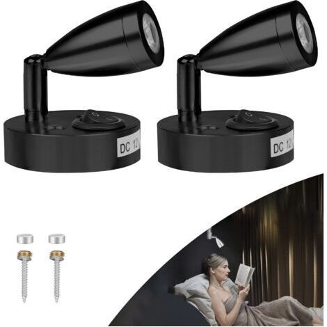 Bunthaus 2x 3w 12v Lampe 12v Camping Car, Led Lampe De Lecture Pour Bateau Caravane Voiture, Avec Son Propre Interrupteur, Lumière Blanche Chaude, 3000k, 220lm, 60 96mm, Noir