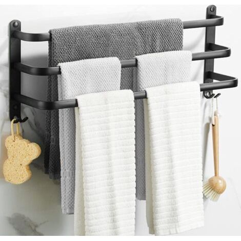 Bunthaus Porte Serviette Murale,porte Serviette Salle De Bain,porte-serviettes Adhésif Noir Mat, Porte-serviettes En Alliage D'Aluminium Non Perforé (50cm, Three Bars)