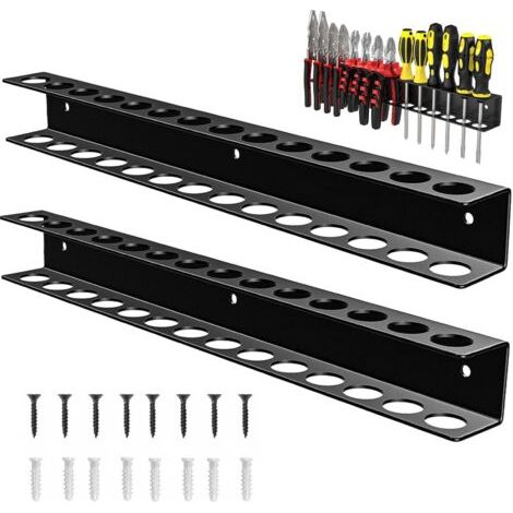 Bunthaus Porte-tournevis 2 Pièces Avec Tubes D'Expansion Et Vis, Organisateur Mural À 14 Trous Pour Outils De Garage, Atelier, Étagère Murale De 40 Cm Pour Pinces, Clés, Marteau (noir)