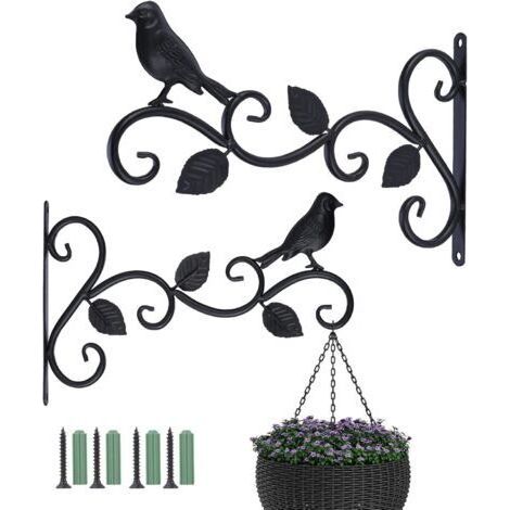 Bunthaus Lot De 2 Supports De Panier À Suspendre Pour Extérieur, 30,5 Cm, Crochets Décoratifs En Métal Pour Plantes Suspendues, Mangeoires À Oiseaux, Lanternes (3 Feuilles), Noir, 30cm L X 19cm H