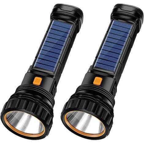 Bunthaus Lot De 2 Lampes De Poche Led Solaires Rechargeables Multifonctions 1000 Lumens Avec Lumière Stroboscopique D'Urgence Et Batterie De 1200 Mah, Alimentation De Secours Et Câble De Charge Usb