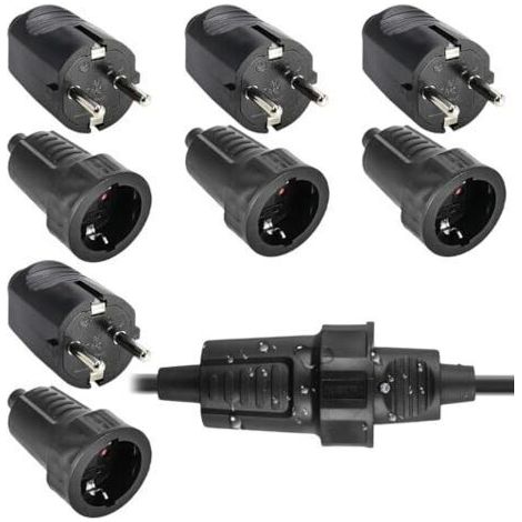 Bunthaus 4 Paires De Prises Et Fiches Schuko : Fiche De Sécurité 250 V 16 A Ip54, Ensemble De Prise Et Fiche Bipolaire En Caoutchouc Avec Serre-câble, Fiche Schuko Étanche Adaptée À Une Utilis
