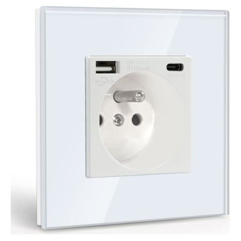 Bunthaus Prise Murale Avec Usb Et Type C – Charge Rapide 2,1 A – Panneau En Verre Trempé – Protection Contre Les Surtensions – Installation Facile