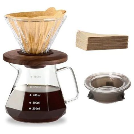 Bunthaus Cafetière À Filtre Manuel, Carafe En Verre Borosilicate De 600 Ml Avec 100 Filtres En Papier Taille 02, Poignée En Noyer Et Couvercle En Verre Transparent