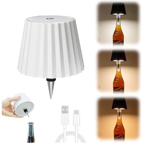 Bunthaus (blanc)lampe Bouteille Sans Fil, Lampe Bouteille Led Portable Sans Fil Avec 3 Modes De Variation D'Intensité Lumineuse, Tête De Lampe Rechargeable Pour Bouteille De Vin, Lampe De Table Tactil