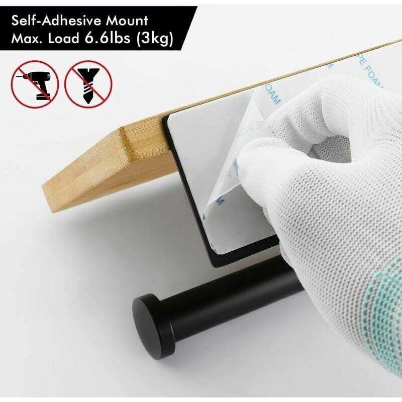 Selbstklebender, Schwarzer Toilettenpapierhalter – 18 X 13,2 Cm Bambusablage – Edelstahl Sus304 – Max. Traglast 3 Kg – Kein Bohren Erforderlich – Bph220badm-bk