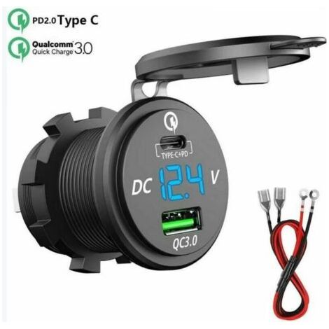 12v/24v Qc 3.0 64w Dual-plug Usb-c Schnellladegerät Für Auto, Flugzeug, Motorrad, Boot, Wohnwagen, Wasserdicht, Mit Led-voltmeter.