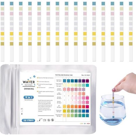 Ulisem50pcs 9 En 1 Test Eau Potable, Bandelettes De Test Ph Pour Eau De Piscine Et Spa, Bandelette Testeur Dureté De L'Eau Pour Aquarium, Pool Teststreifen Pour Analyse Ph Nitrites Chlore Dureté Pisci