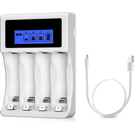 Weißes Ladegerät, Aa/aaa-ladegerät Mit Großem Lcd-bildschirm, 4 Ladeschächten, Universelles Schnellladegerät Für Ni-mh- Und Ni-cd-akkus, Für Wiederaufladbare Aa- Und Aaa-akkus