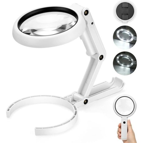 Loupe Éclairante 5x 11x Avec Support Pliable – Diamètre Lentille 75mm – 8 Lampes Led Réglables – Alimentation Usb Ou 3 Piles Aaa