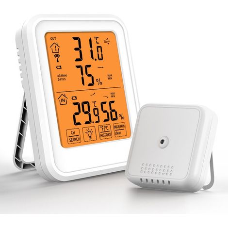 Thermomètre Hygromètre Numérique , Thermomètre Hygrometre Intérieur Et Extérieur, Avec Capteur Extérieure Sans Fil, Rétroéclairage Lcd ℃/℉, Pour Bureau, Maison, Chambre - Blanc