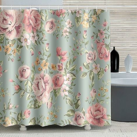 Pink Rose Flowers Shower Curtain With 12 Hooks Green Waterproof Mildew Resistant Fabric Curtain For Bathroom 180x180cm