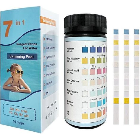 7 En 1 Bandelettes Test Piscine, 50 Testeur Ph Chlore Piscine Pour Tester Avec Précision La Dureté, L'Alcalinité Totale, L'Acide Cyanurique, Le Chlore Total, Le Chlore Libre, Le Brome Et Le Ph