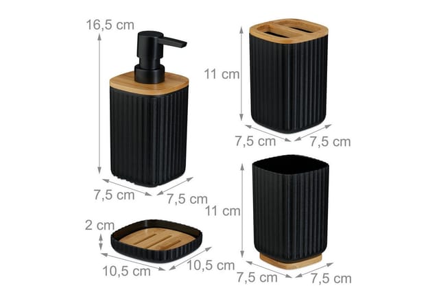 Badezimmer Set, 6-teilig, Badaccessoires Kunststoff & Bambus, Komplettes Badzubehör-set, Badset, Schwarz/natur - Relaxdays