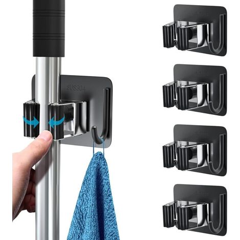 4-teiliger Besenhalter Aus Edelstahl. Selbstklebender, Wandmontierter Besenhalter, Kein Bohren Erforderlich. Mopphalter Mit Haken Für Küche, Bad Und Garten, Schwarz – Inhhub