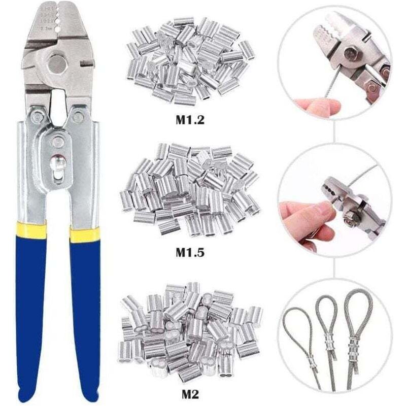 Crimpzange Für Drahtseile Bis Zu 2,2 Mm Durchmesser Mit 150 Doppelwandigen Aluminium-crimphülsen In 3 Größen