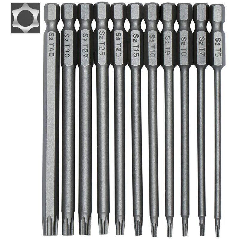 11-teiliges Torx-bit-set, 100 Mm – S2-stahl – 1/4"-sechskantschaft – Größen T6 Bis T40 – Magnetische Bits Für Präzises Schrauben
