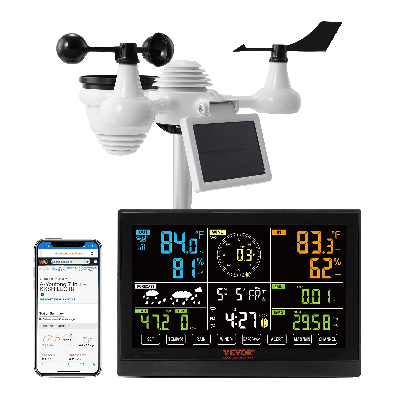 Wetterstation, 7,5-zoll-bildschirm, 150 M Übertragungsreichweite, Wlan-anschluss, Wasserdicht (ipx6), Solarbetrieben