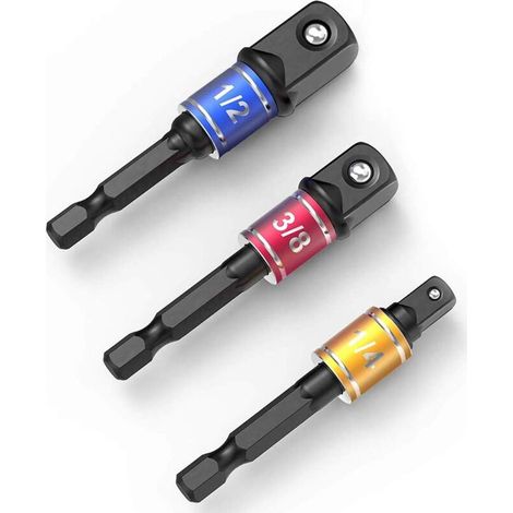 Lot De 3 Adaptateurs Hexagonaux Vers 1/4", 1/2", 3/8" Carrés, Noirs, Pour Visseuse Sans Fil.