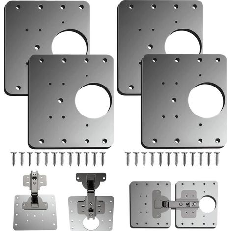 Plaque Reparation Charniere Porte D'Armoire,4 Pièces Plaque De Réparation De Charnière De Porte De Placard De Cuisine Avec Trou, Supports De Fixation Plats En Acier Inoxydable Avec Vis