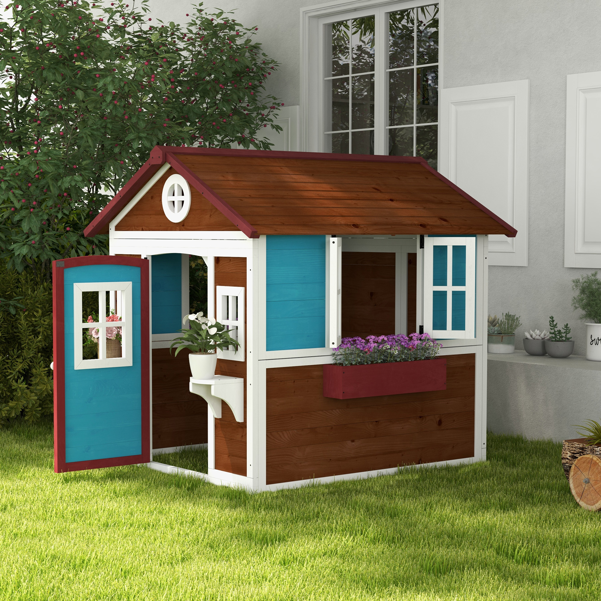 Spielhaus Für Kinder Von 3-8 Jahren Mit Kippbarem Dach, Töpfen Und Pflanzgefäßen, Aus Tannenholz, 114 X 126,4 X 135 Cm