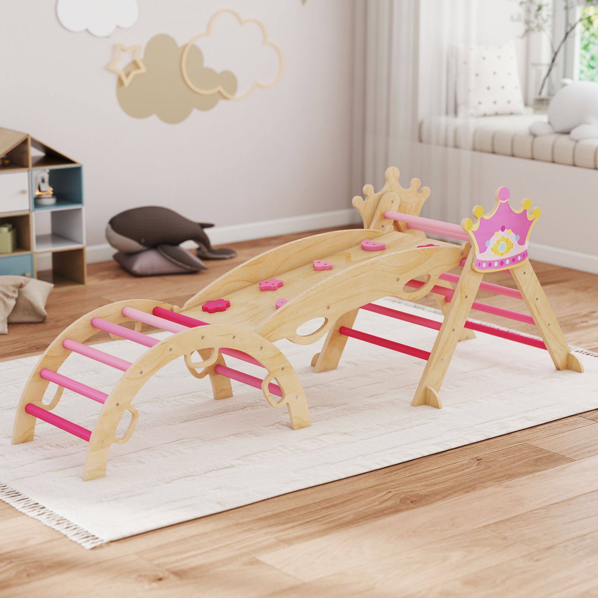 8-in-1 Montessori-kletterdreieck Aus Holz, Kronenmotiv, Mit Bogen Und Rampe, Rosa