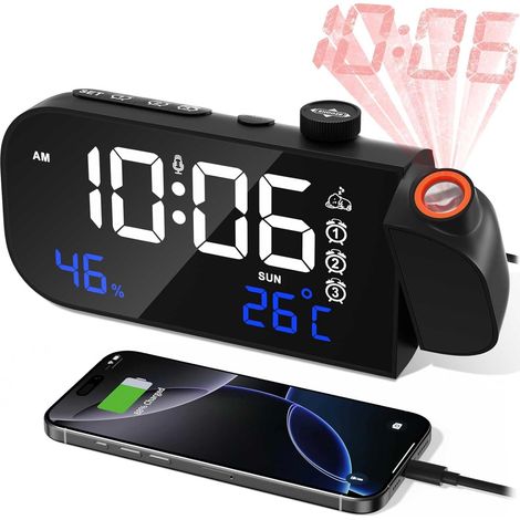 Reveil Projecteur Plafondnumérique,led Réveil Numérique, Avec Température/humidité/snooze/activation Sonore,,pour Chambre Bureau