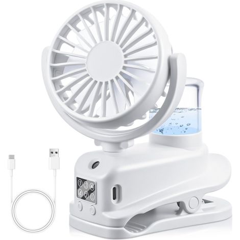 Ventilateur À Pince, Mini Ventilateur Rechargeable Par Usb Avec Spray Humidificateur, À 4 Vitesses Avec Clip, Affichage Led, Small Table Fan Pour Bureau, Maison, Camping - Blanc