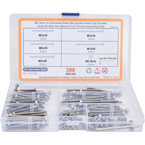 Kit D'Assortiment De Boulons À Écrous Hexagonaux, 200 Pièces, Jeu De Vis À Tête Creuse Avec Clés Pour L'Industrie A2 En Acier Inoxydable