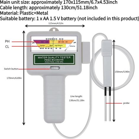 Accessoires De Piscine (carré) Appareil De Mesure Du Ph Et Du Chlore Professionnel (cl2) Avec Sonde Pour Piscines Et Spas – Testeur De Qualité De L'Eau