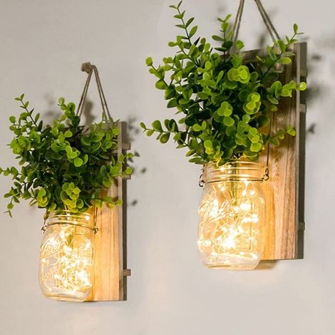 Rustikale Wandleuchten, Künstliche Grüne Hängepflanzen Im Glasgefäß Mit Led-streifen Für Weihnachtliche Haus- Und Gartendekorationen (2er-set) (grüne Pflanzen) [klasse]