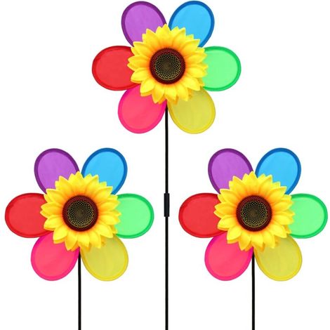 Set Mit 3 Farbenfrohen Sonnenblumen-windmühlen Für Garten, Hof, Terrasse, Rasen, Partydekoration.